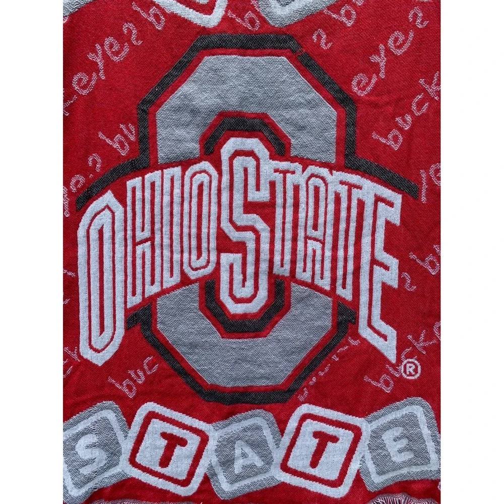 Vintage Ohio State Buckeyes Throw Blanket Woven Fringe Tapestry College 35x46